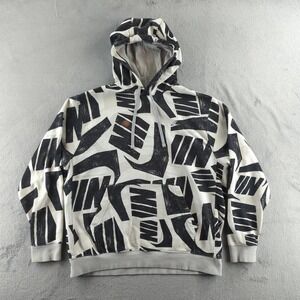 Nike Hoodie Mens Large White Black All Over Print Sweatshirt Pullover Cotton